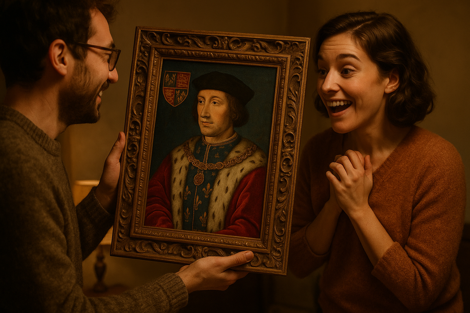 someone gifting someone else a medieval portrait and u see both people  